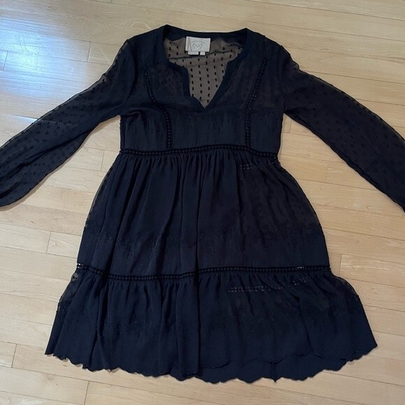 Anthropologie Vanessa Virginia Black Costa Maya Swiss Dot Long Sleeve Dress 2 - Picture 6 of 13